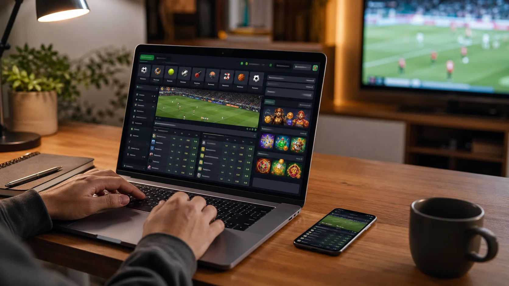 Plataforma fulltilt em notebook e celular com apostas esportivas e cassino online